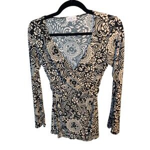 MKM Designs Vtg Black & Tan Paisley Faux Wrap V-Neck Top Size Small
